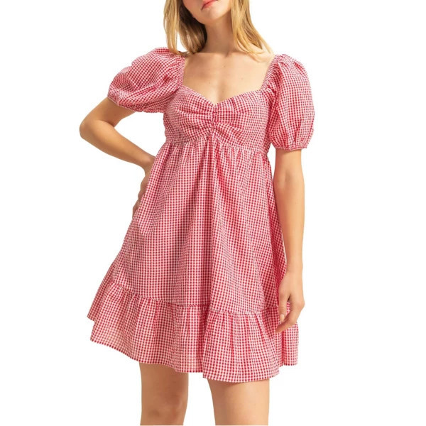 Women's Double Zero Gingham Puff Sleeve Dress Medium Red | Scheels