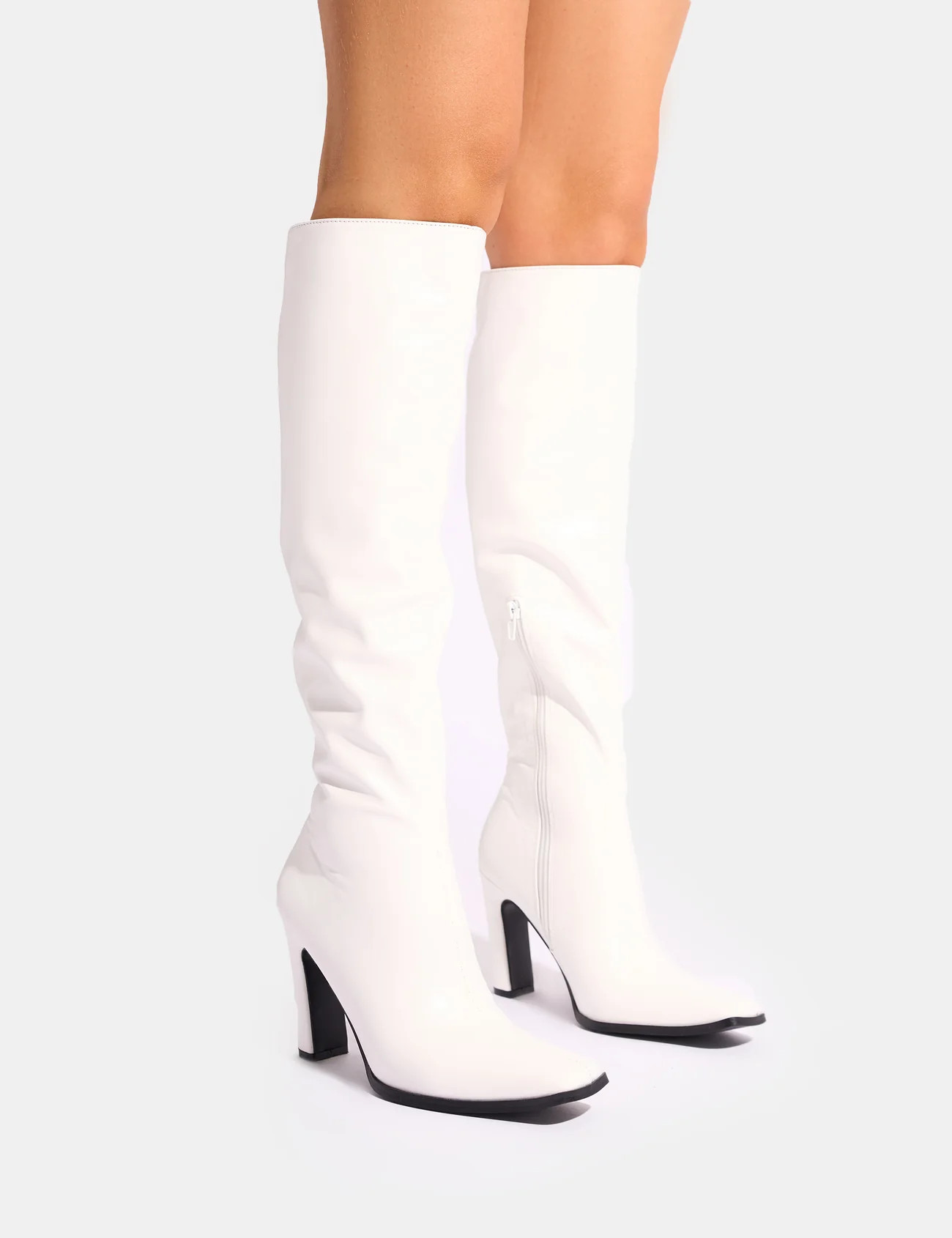 Acquilla White Knee High Flared Boots | Public Desire