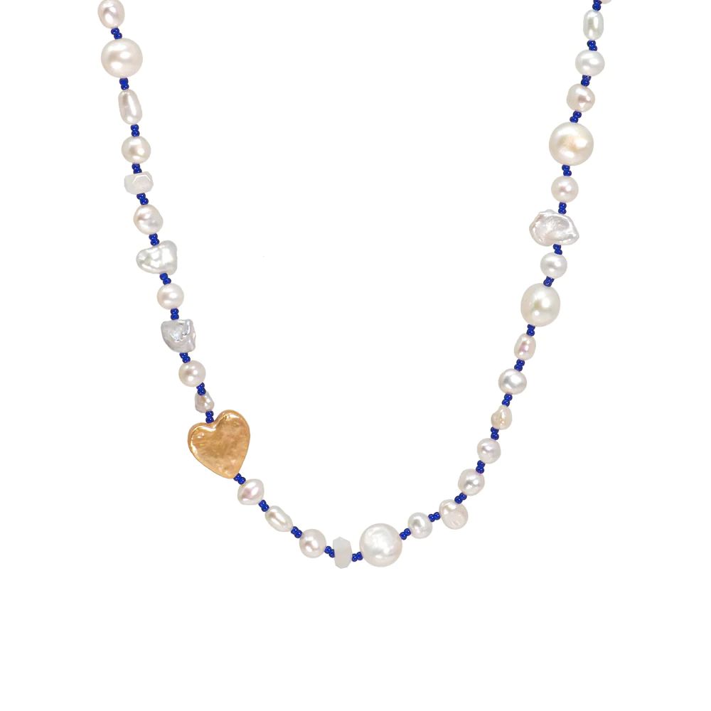 assorted freshwater pearls, indigo seed beads & gold heart pearl necklace | Dogeared
