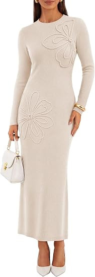 ZESICA Womens Fall Long Sleeve Bodycon Floral Knit Maxi Sweater Dress | Amazon (US)