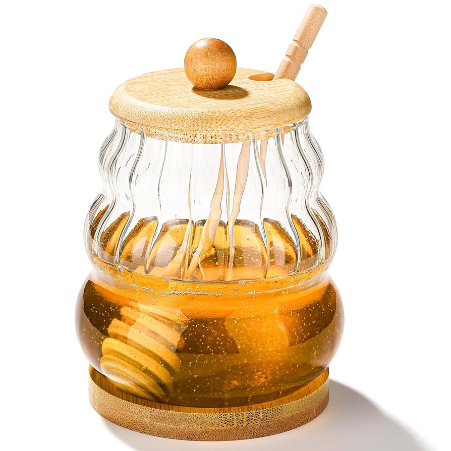 Glass Honey Pot Honey Jar witn Dipper and Wooden Lid, Honey Dispenser for Home,Tea Shops,Cafes, R... | Amazon (US)