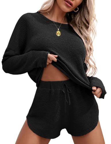EkouaerEkouaer Womens Waffle Knit Pajama Sets Long Sleeve Top and Shorts Matching Lounge Set Loun... | Amazon (US)