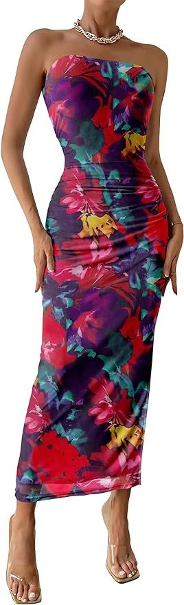 PRETTYGARDEN Womens Summer Strapless Maxi Bodycon Dresses With Club Slit | Amazon (US)