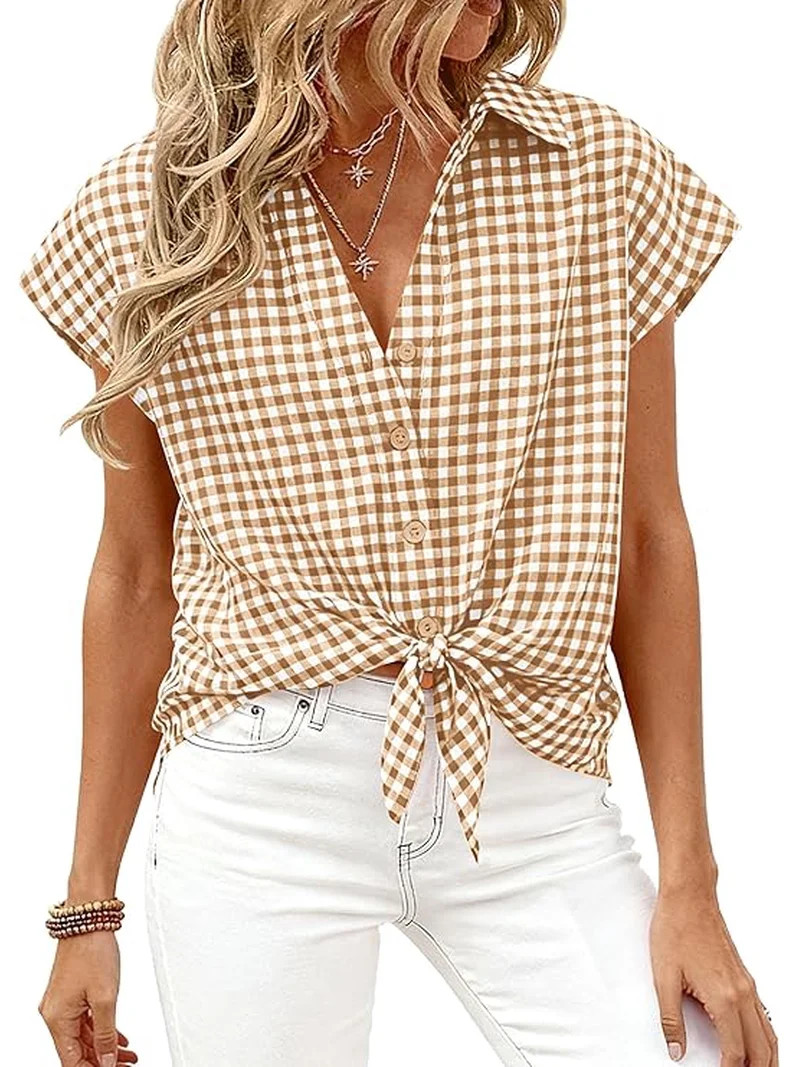 PRETTYGARDEN Womens Button Down Shirts V Neck Short Cap Sleeve Collared Plaid Tops Summer Spring ... | Walmart (US)