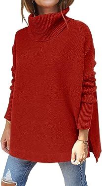 Drrita Women's Turtleneck Sweaters 2022 Oversized Batwing Sleeve Spilt Hem Asymmetric Pullover Sw... | Amazon (US)
