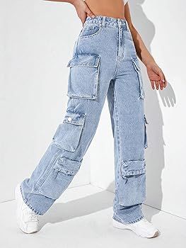 SweatyRocks Women's Casual High Waist Flap Pockets Cargo Jeans Baggy Straight Leg Denim Pants | Amazon (US)
