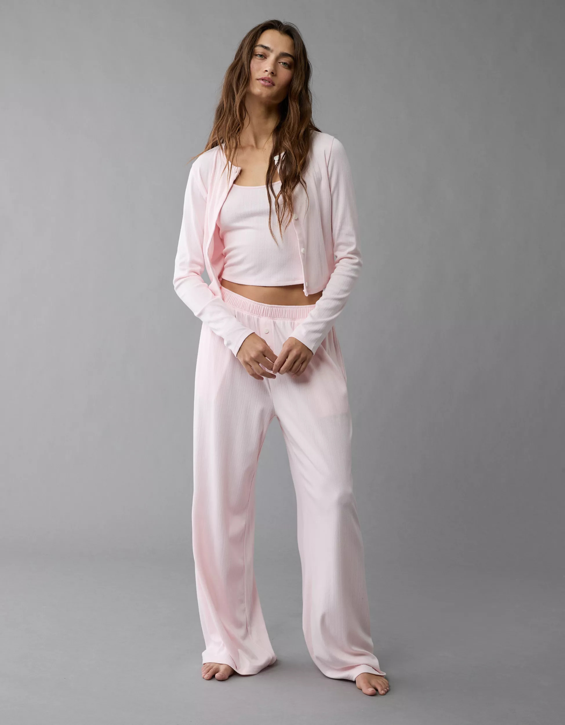 AE 3-Piece Pointelle Plush Cardigan Pajama Set | American Eagle Outfitters (US & CA)