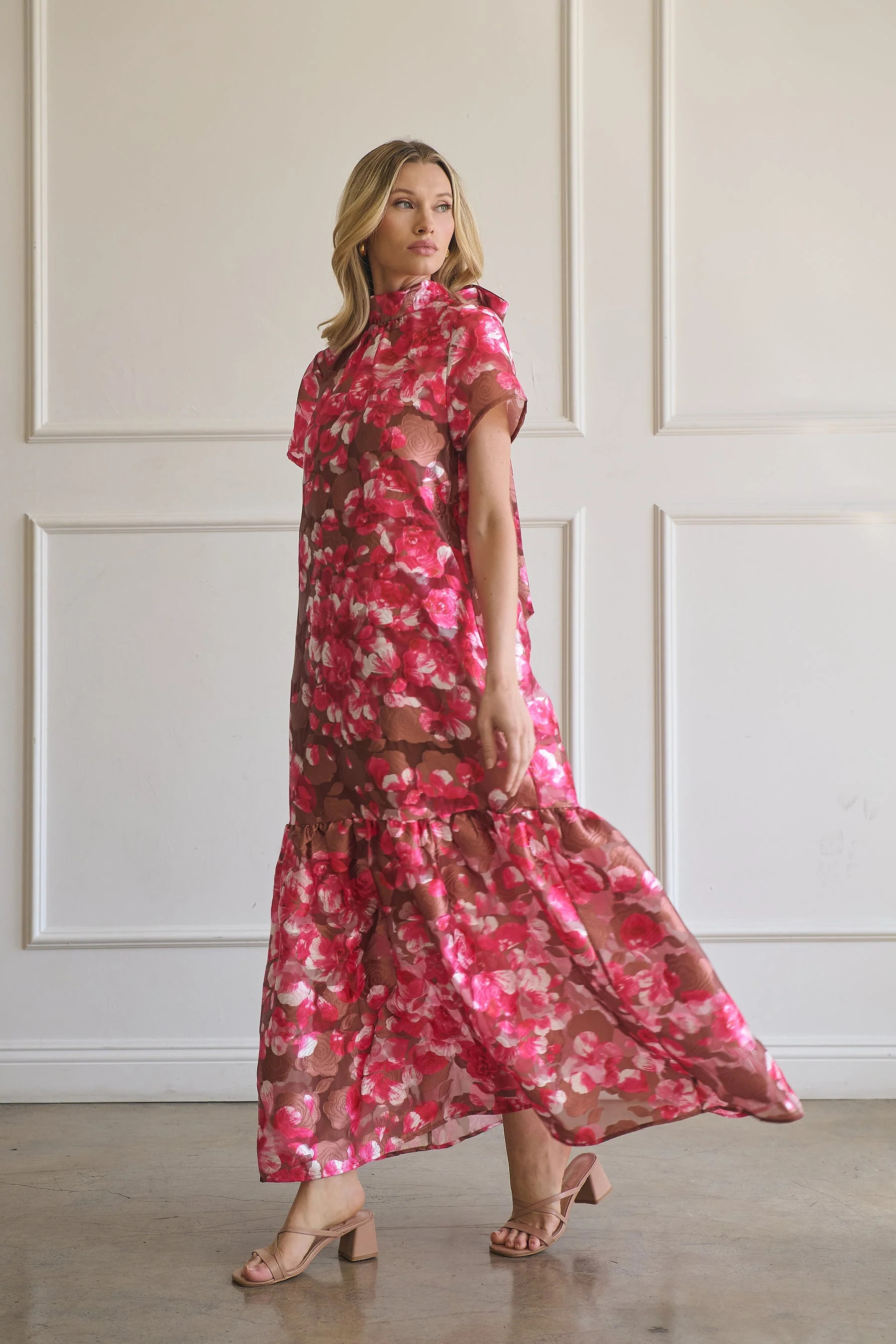 Mersin Floral Dime Organza Mockneck Maxi Dress | Sugarlips