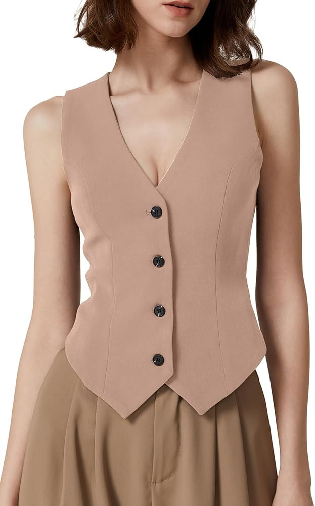 QINSEN Womens V Neck Vest Top Sleeveless Button Down Fully Lined Solid Going Out Crop Tops | Amazon (US)