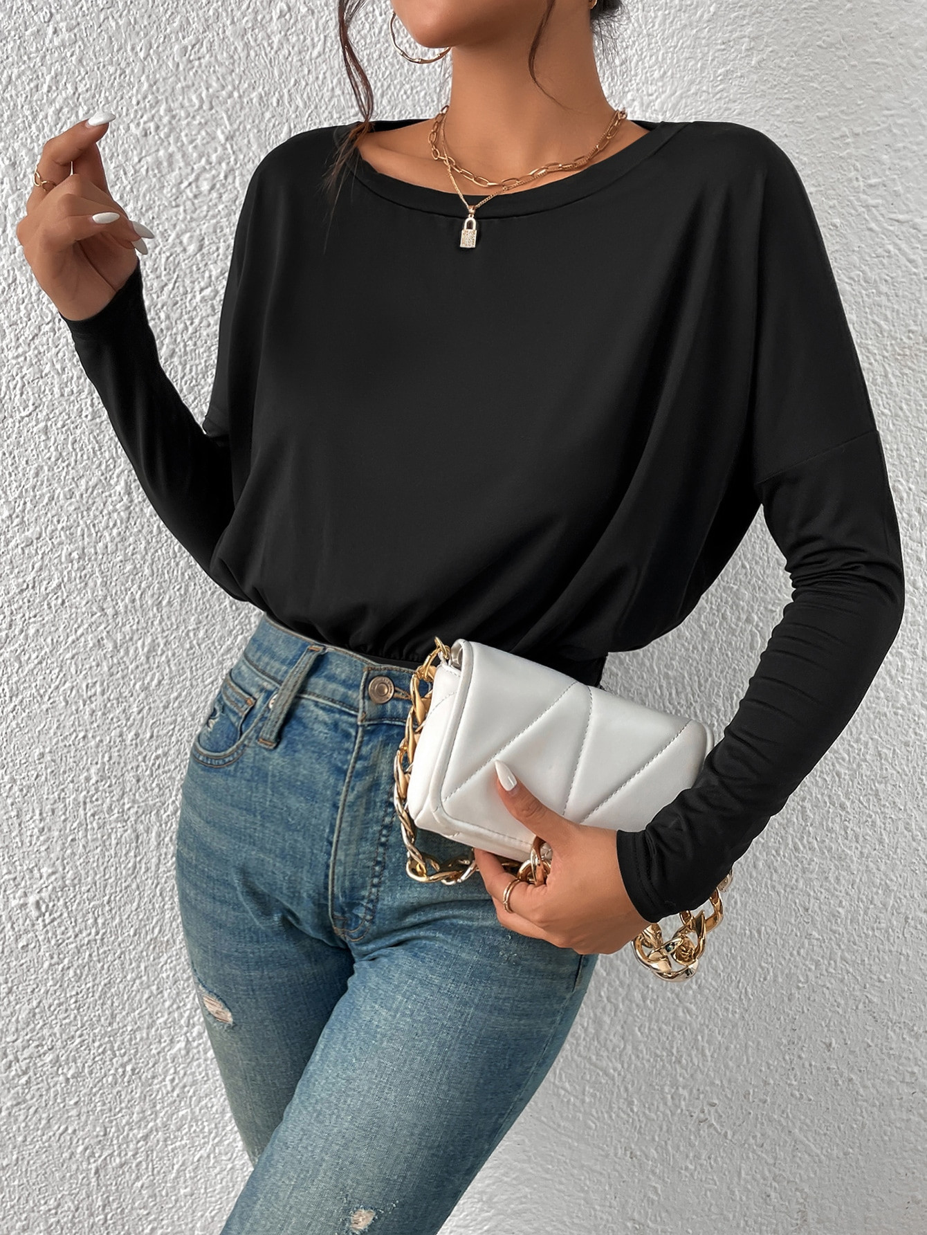 SHEIN Essnce Solid Drop Shoulder Tee Bodysuit | SHEIN