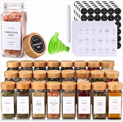DIMBRAH Spice Jars,Spice Jars with Label 24Pcs,Seasoning Containers,Glass  Spice Jars with Bamboo Lids,Spices Container Set,Seasoning Organizer
