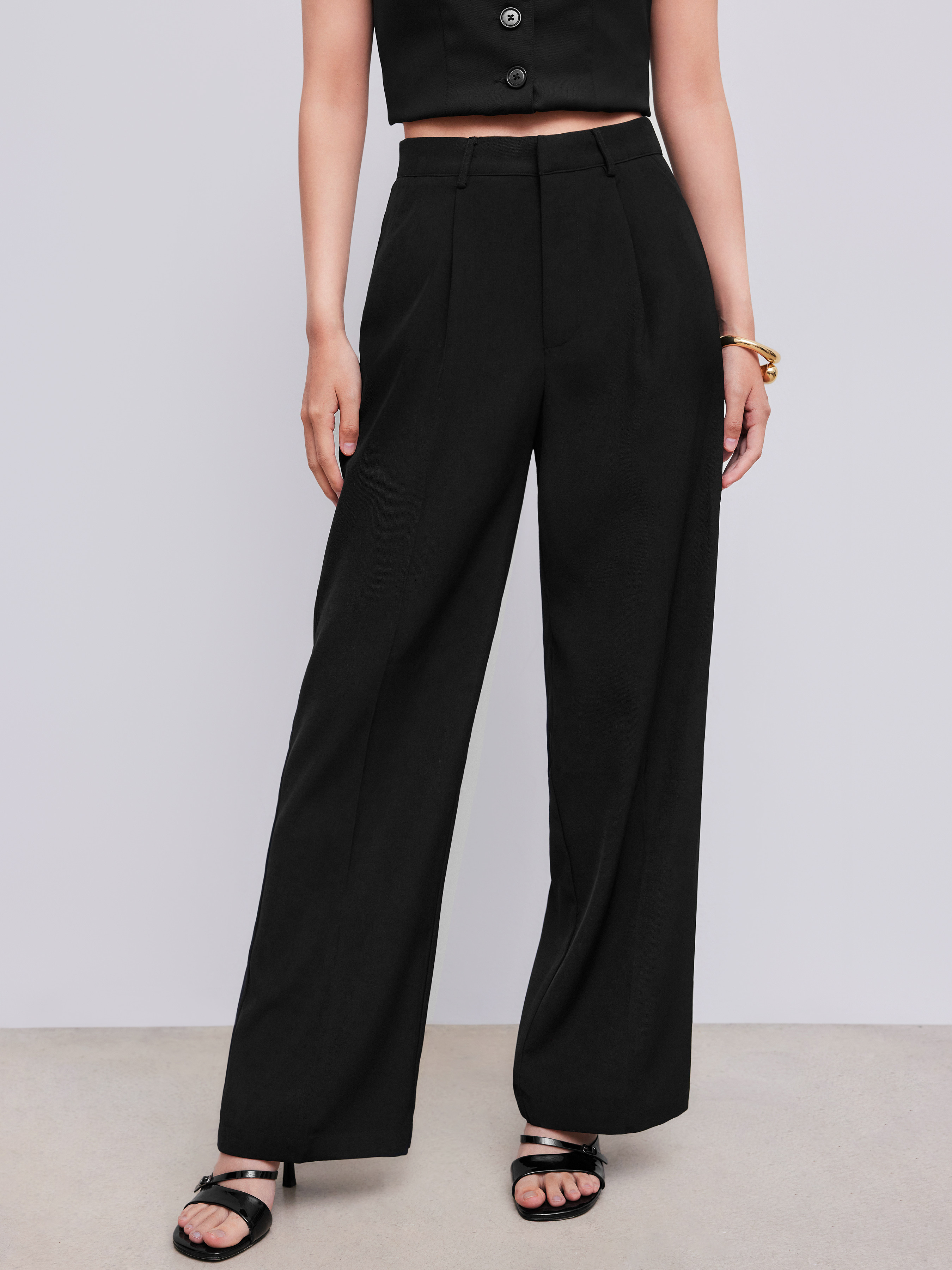 Wide Leg Pants Woven Mid Rise Solid Pocket Straight Leg Trousers For Work | Cider