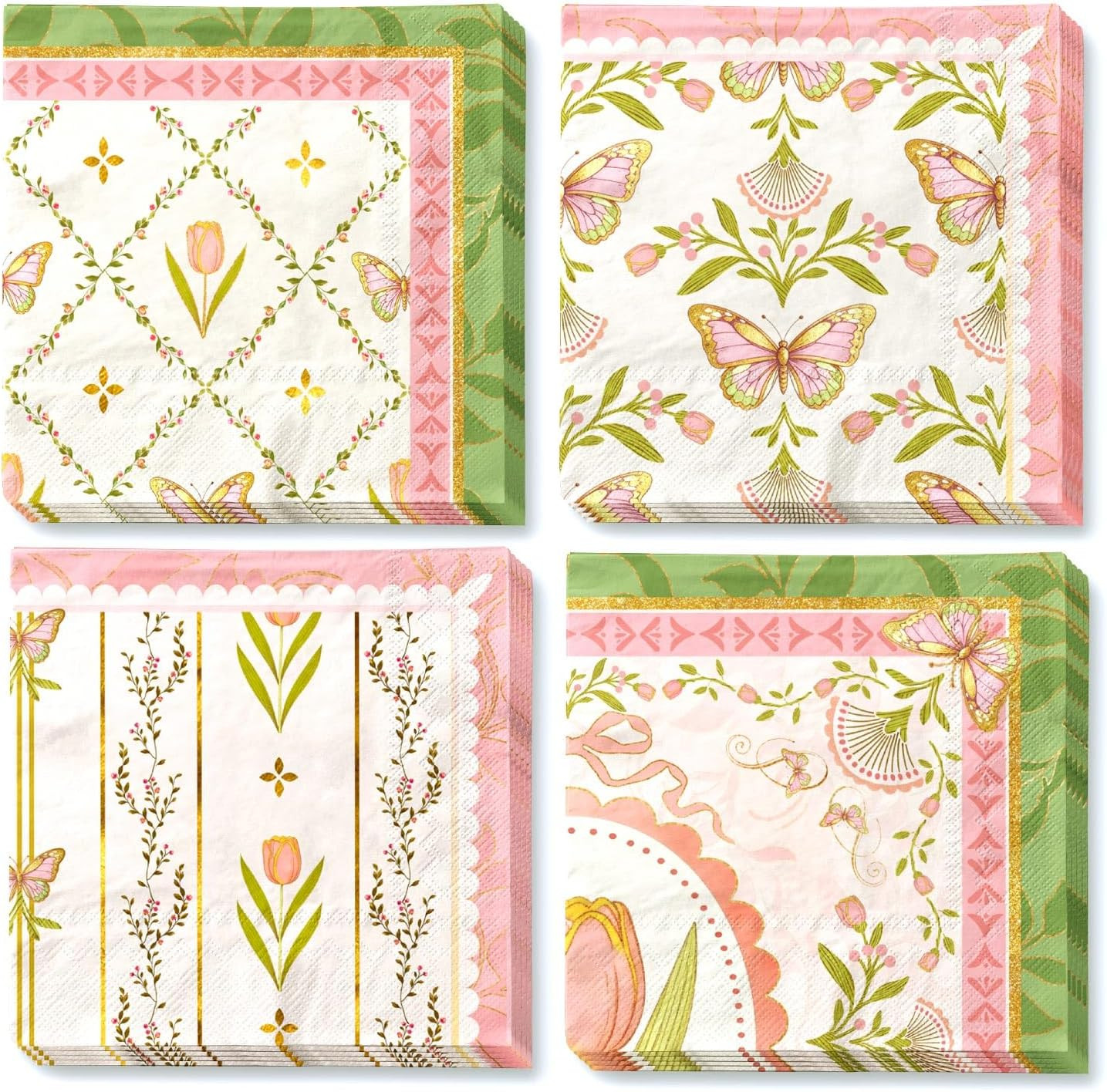 Vintage Floral Paper Napkins 10x10 Inch - 24 Count Tea Party Disposable Napkins, Pink Green Tulip... | Amazon (US)