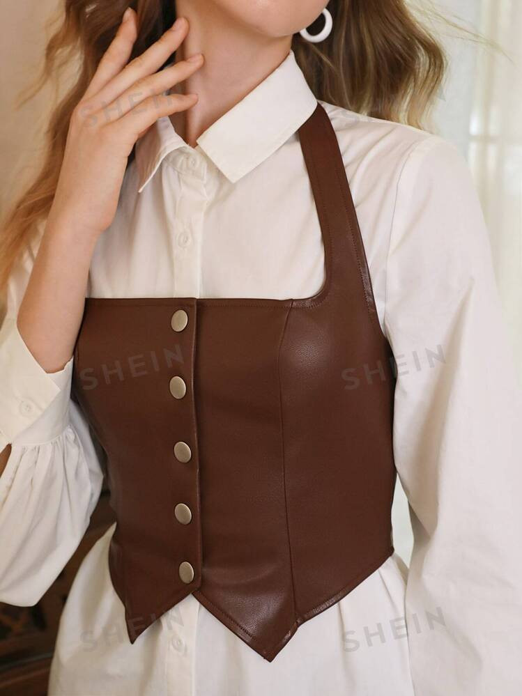 SHEIN MOD Button Front Halter Brown Leather Asymmetrical Hem Butterfly Top | SHEIN