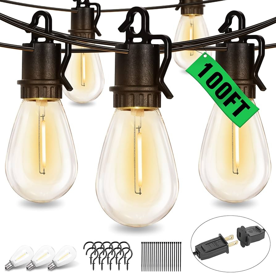 100FT Outdoor String Lights Waterproof, Patio Lights with 35 S14 Shatterproof Sockets, Connectabl... | Amazon (US)