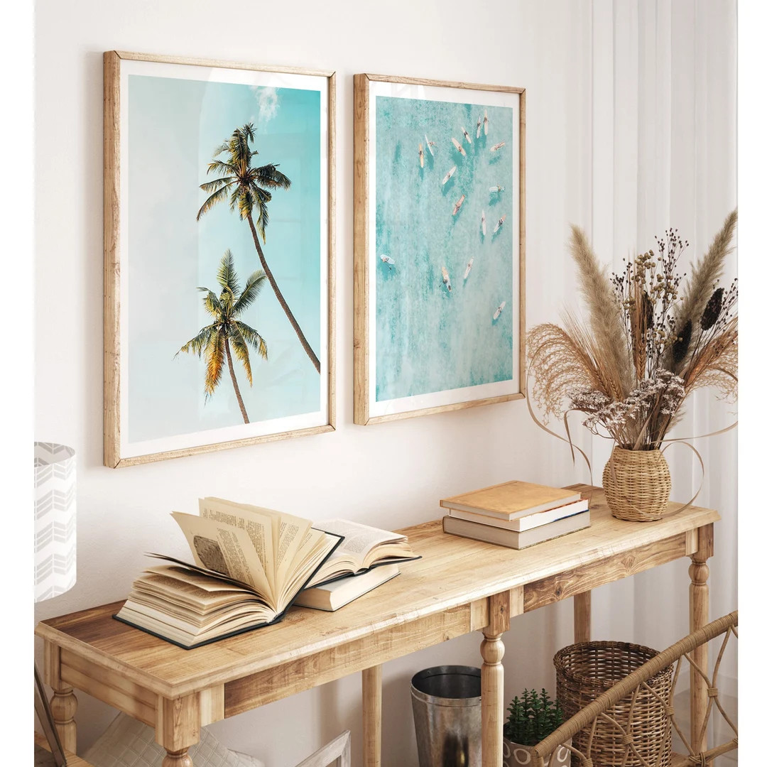 Palm Tree Print Set of 2 Ocean Wall Art, Beach Prints, Surf Posters, Printable Wall Art, Beach Ho... | Etsy (US)