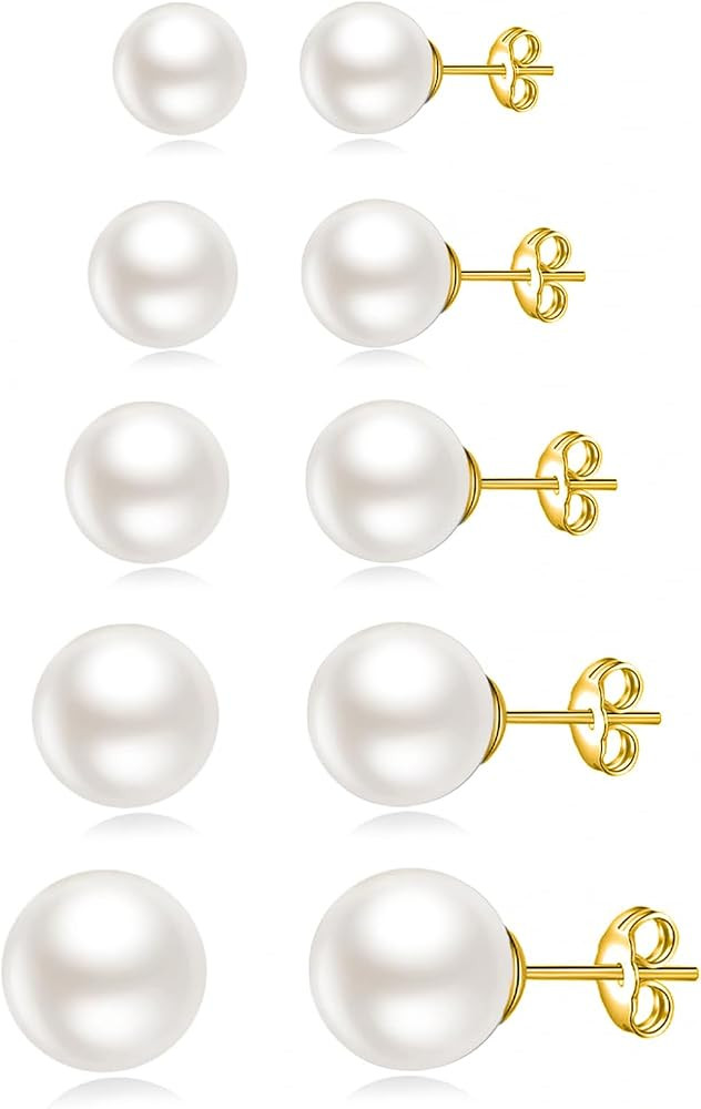 JINERA 5 Pairs Stud Earrings for Women 14K Plated Gold/Silver Pearl Ball Small Stud Earrings Set ... | Amazon (US)