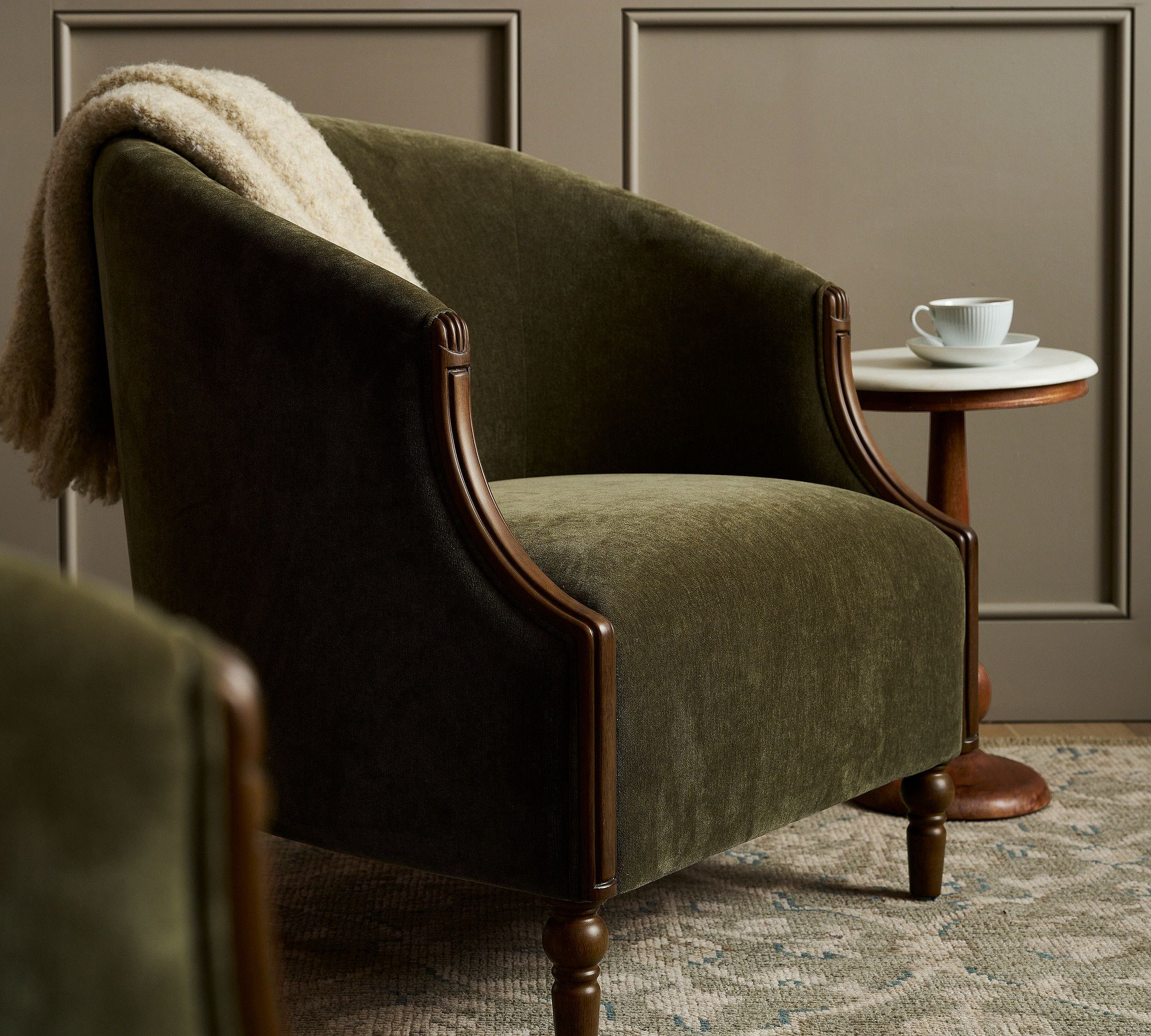 Florence Upholstered Armchair, Polyester Wrapped Cushions, Rustic Chenille Dark Moss | Pottery Barn (US)