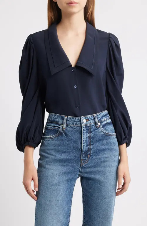 FRAME The Long Sleeve Silk Sailor Shirt in Navy at Nordstrom, Size Medium | Nordstrom