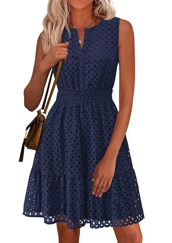 PRETTYGARDEN Women's Summer Dresses 2026 Sleeveless V Neck Eyelet Hollow Out Swing A Line Beach Vacation Sun Dress (Navy,Medium) | Amazon (US)