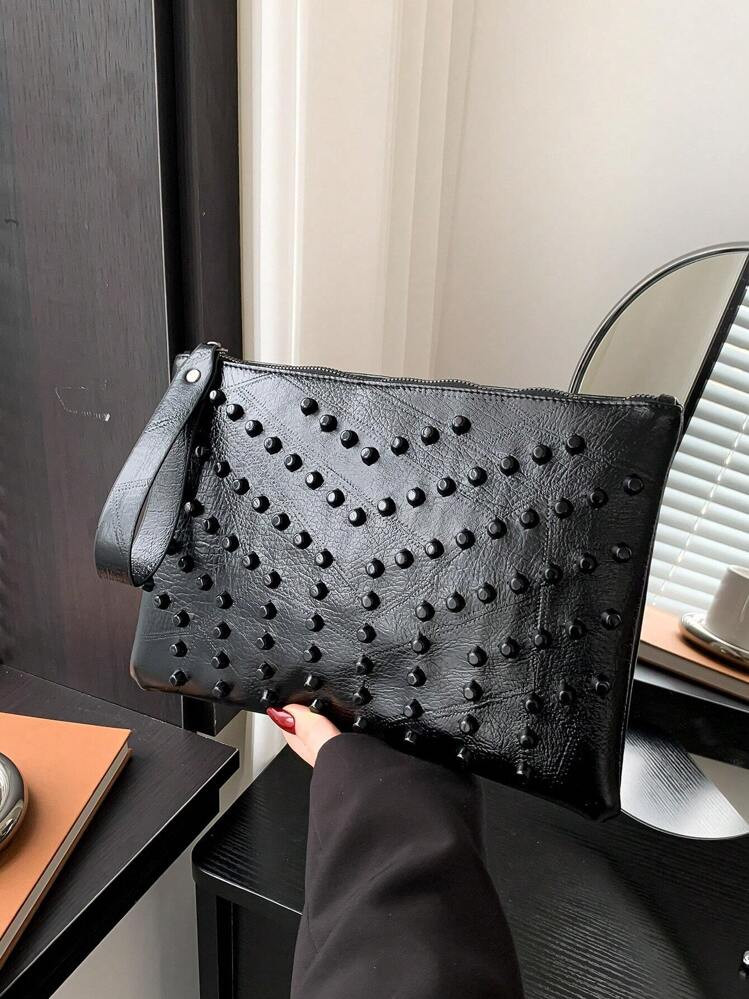 2023 New Fashion Solid Color PU Waterproof Fabric Design With Rivet Inlay Design Handbag | SHEIN
