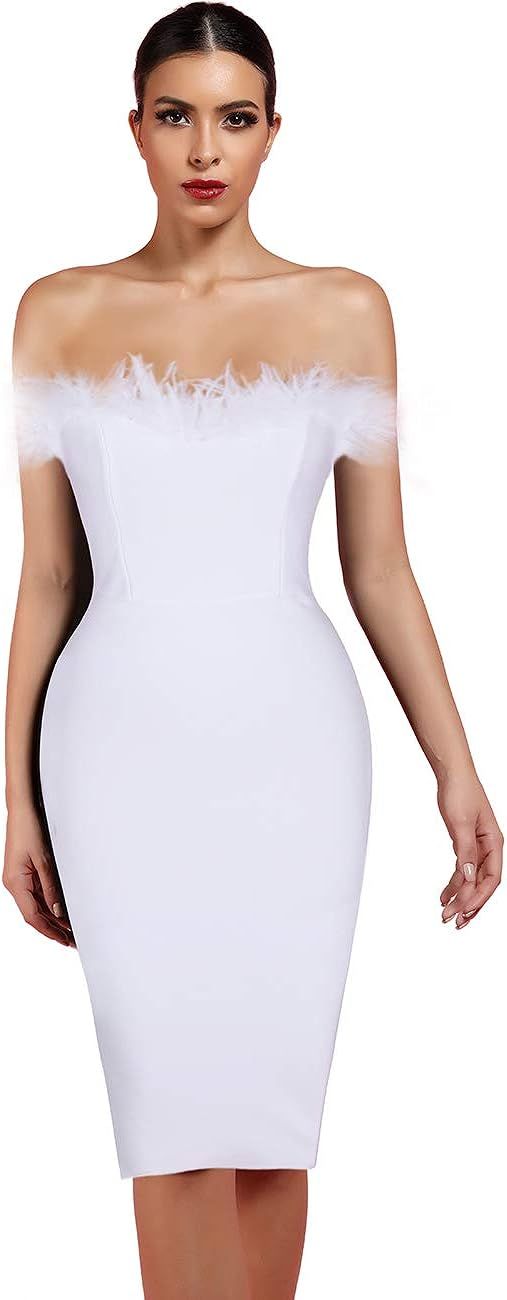 whoinshop Women's Sexy Off Shoulder Feather Bandage Evening Club Party Dress | Amazon (US)