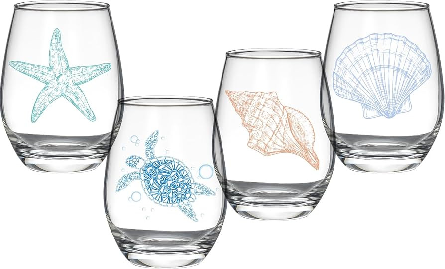 Ocean Themed Stemless Wine Glasses, Set of 4 Seashore Glassware - Sea Turtle, Starfish, Seashell,... | Amazon (US)