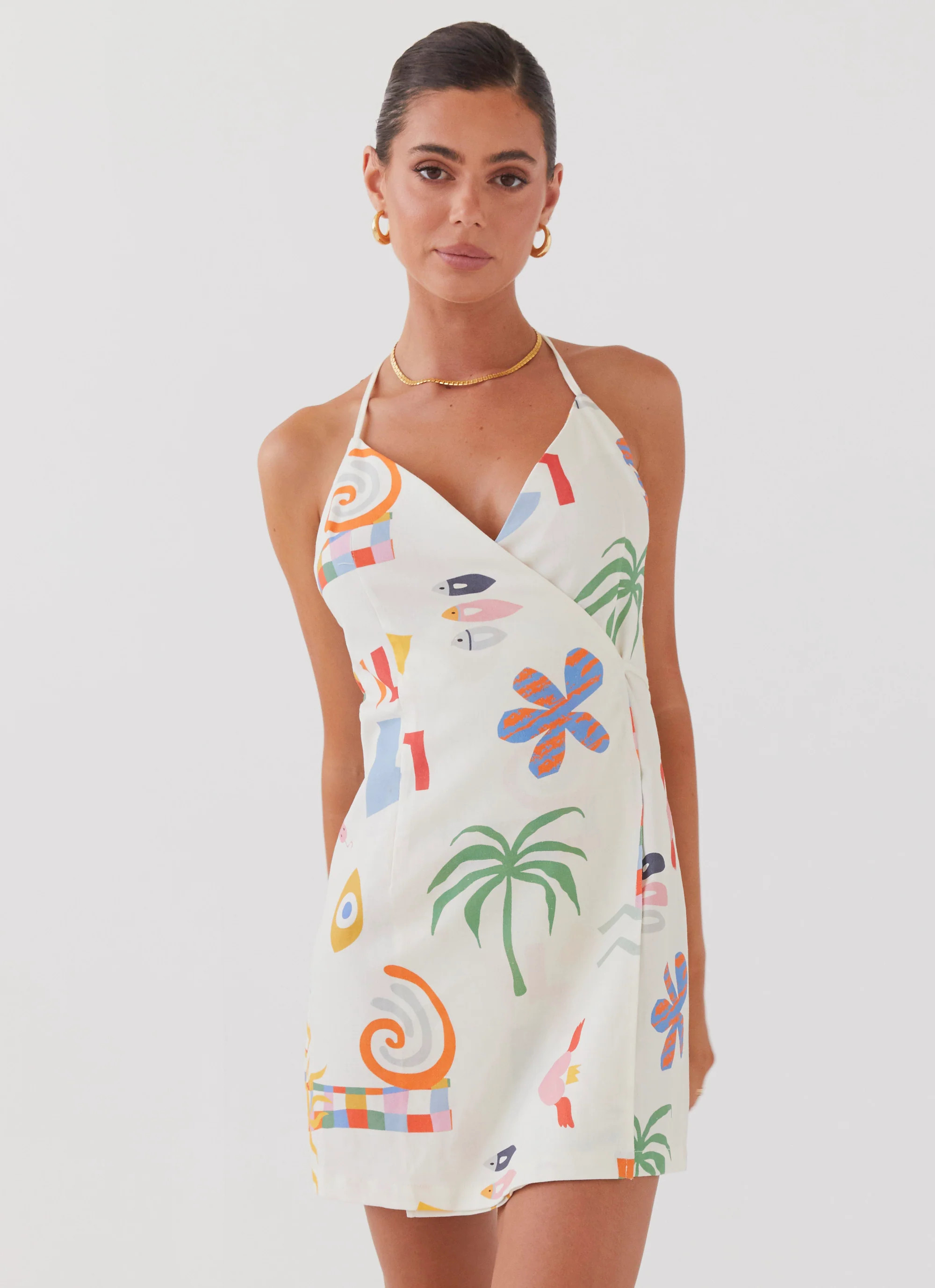 Peppermayo Exclusive -  At Last Sunrise Wrap Linen Mini Dress - Summer Palm | Peppermayo (Global)