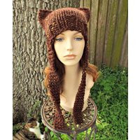 Chunky Knit Hat, Hat With Ears, Womens Mens Winter Earflap Cat Beanie, Fall Fashion, Sequoia Brown | Etsy (US)