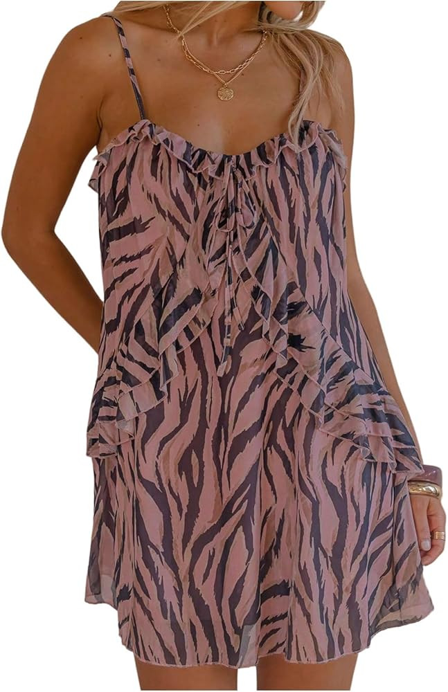 Floerns Women's Zebra Striped Cami Dresses Spaghetti Strap Ruffle Trim Going Out Mini Dress | Amazon (US)