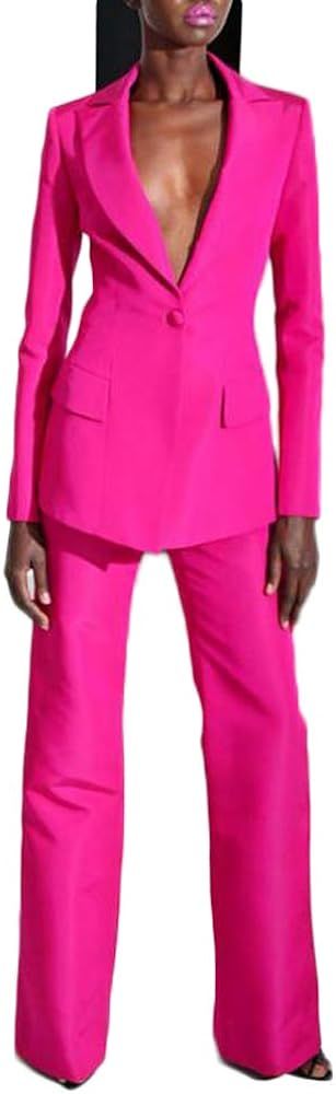 Amazon.com: Women's Peak Lapel Hot Pink Business Suits 2 Pieces One Botton Wedding Groom Tuxedos ... | Amazon (US)
