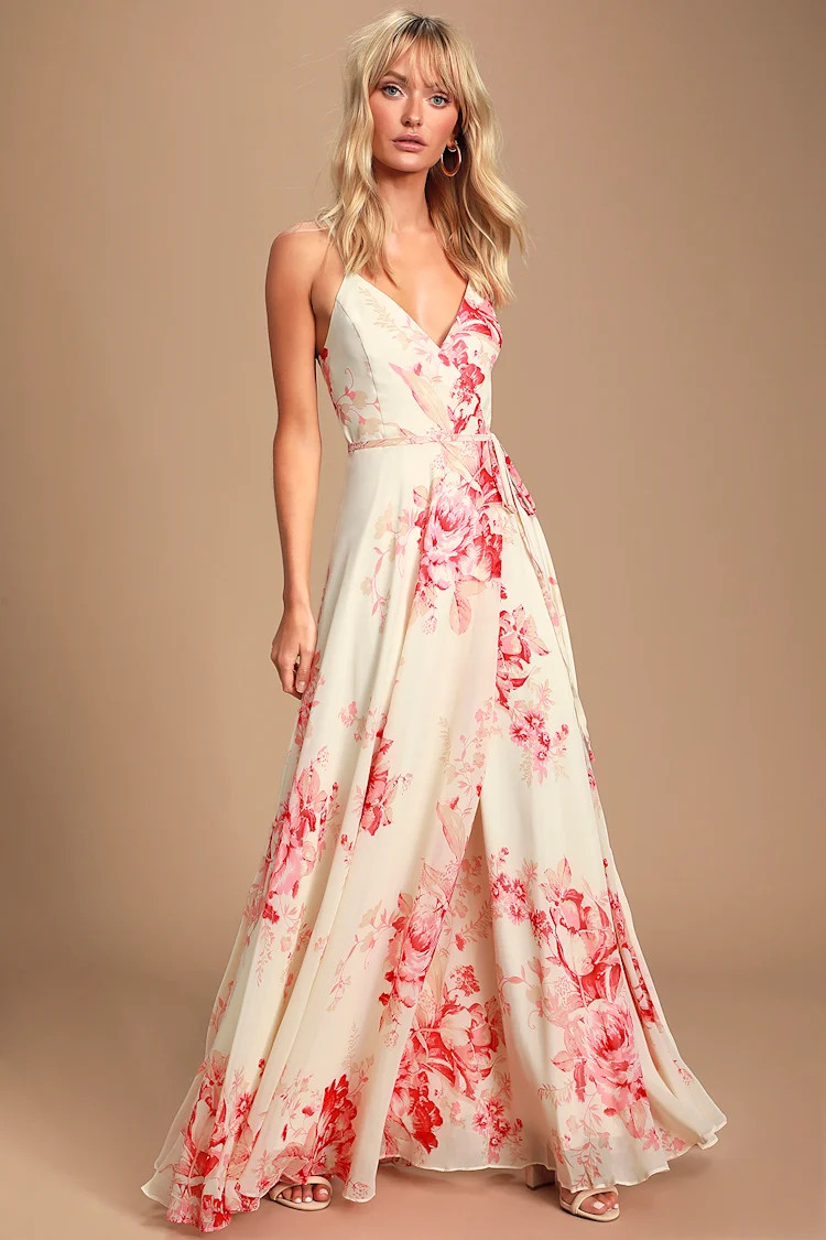 Elegantly Inclined Cream and Coral Floral Print Wrap Maxi Dress | Lulus (US)