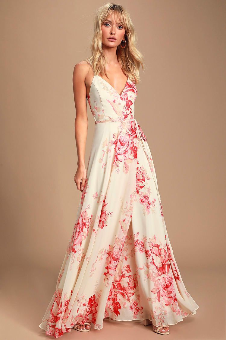 Elegantly inclined cream floral deals print wrap maxi dress