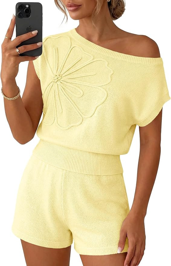 Saodimallsu Womens Off The Shoulder 2 Piece Sweater Sets Short Sleeve Floral Tops Summer Matching... | Amazon (US)