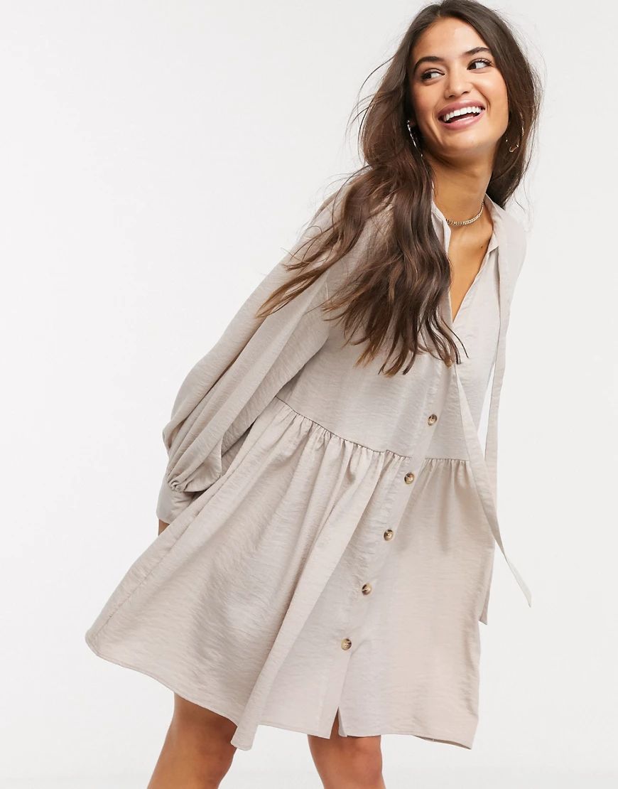 ASOS DESIGN grandad collar button through smock dress with neck tie in stone-Cream | ASOS (Global)