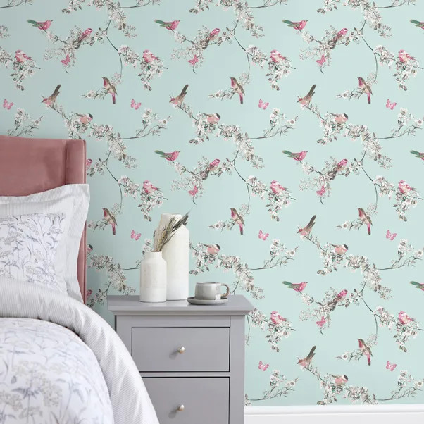 Beautiful Birds Duck Egg Wallpaper | Dunelm