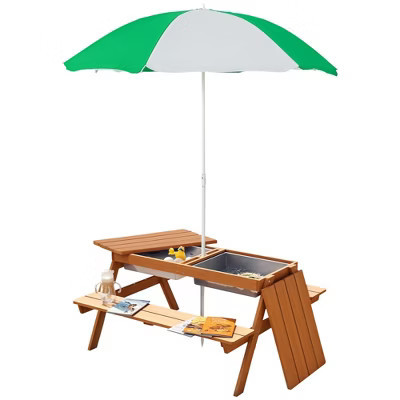 Outsunny Kids Sand & Water Activity Table, Picnic Table Set Wooden Bench with Sandbox Removable & Height Adjustable Umbrella for Outdoor Garden Patio | Target