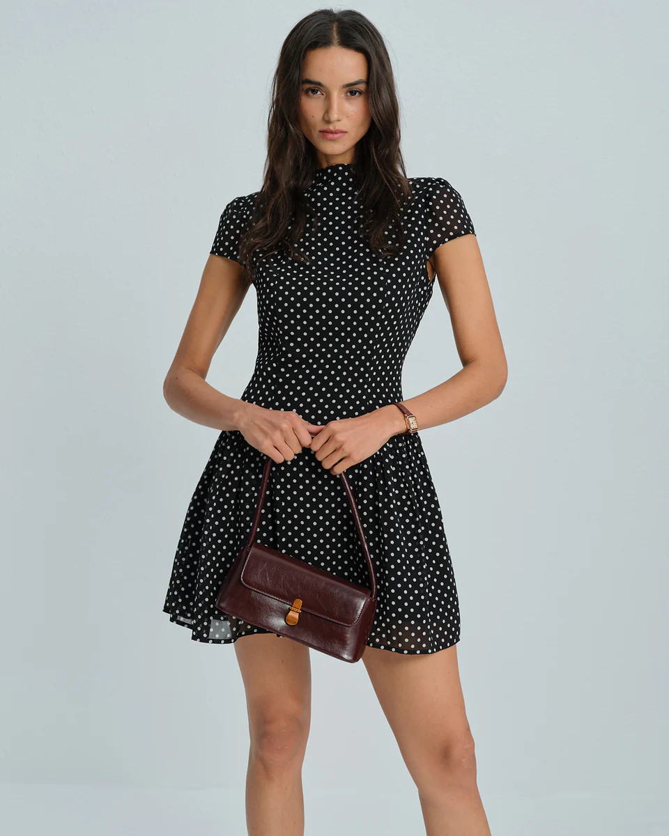 Black Polka Dot Chiffon Mini Dress | rihoas.com