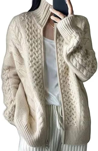 Women's Full Zip Up Wool Cable Knit Sweater Casual Warm Turtleneck Solid Color Long Sleeve Open F... | Amazon (US)