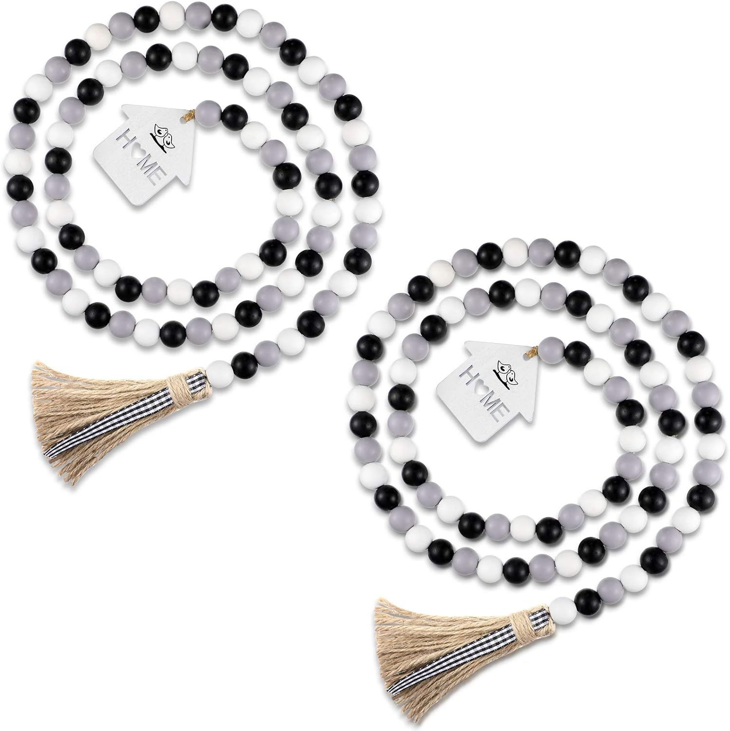 Jetec 2 Pieces Wood Bead Garlands with Black White Buffalo Plaid Tassels Rustic Farmhouse Hanging... | Amazon (US)