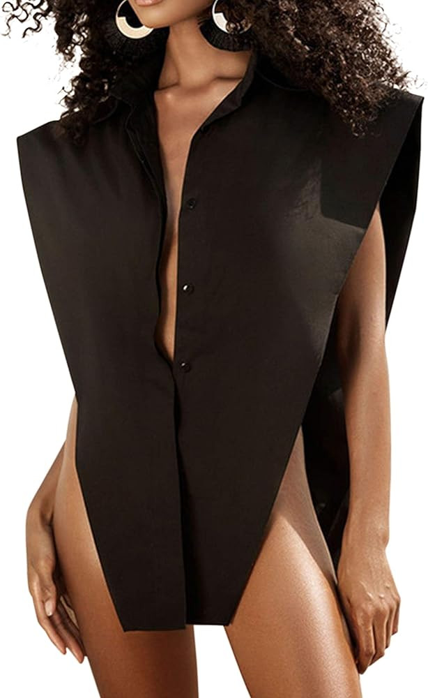MISSACTIVER Women Y2K Solid Turn-Down Long Shirt Sexy Button Up Hollow Out Oversized Sleeveless S... | Amazon (US)