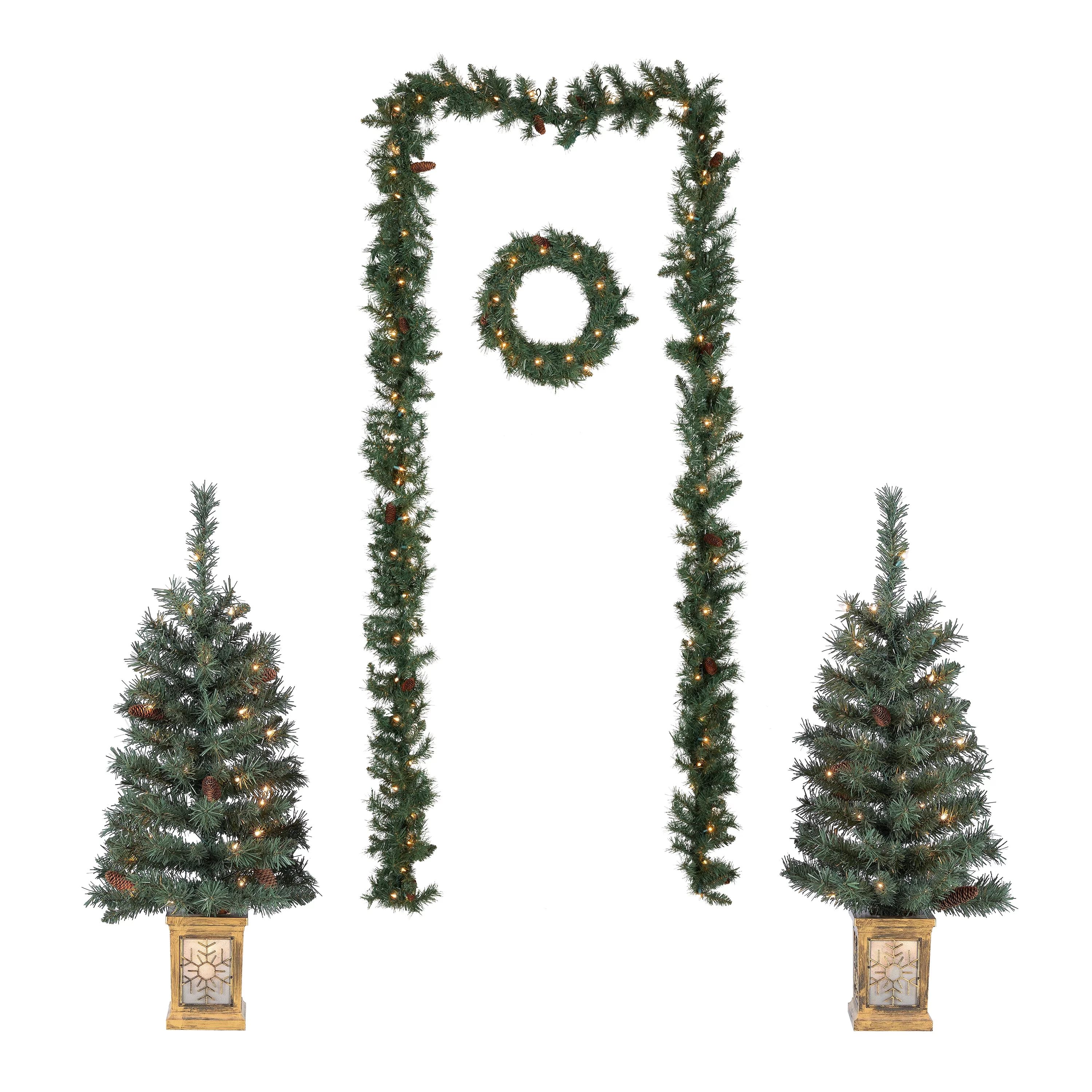 Holiday Time Pre-Lit Christmas Tree Entryway Set, White Lights, Green Color, 5 Pieces | Walmart (US)
