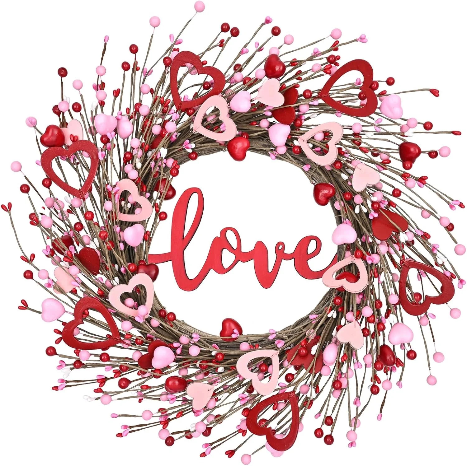 Dolicer 18 Inch Valentine's Day Wreath for Front Door,Artificial Berry Wreath with Wooden Hearts ... | Walmart (US)