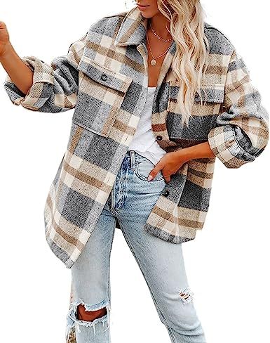 Womens Plaid Flannel Brushed Shirt Coat Shacket Casual Lapel Button Down Long Sleeve Boyfriend Sh... | Amazon (US)