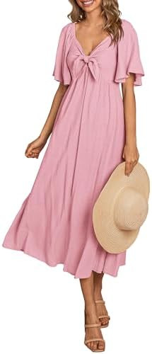 PRETTYGARDEN Summer Dress for Women 2026 Casual Short Sleeve Bow Tie V Neck Ruffle Midi Flowy Dre... | Amazon (US)