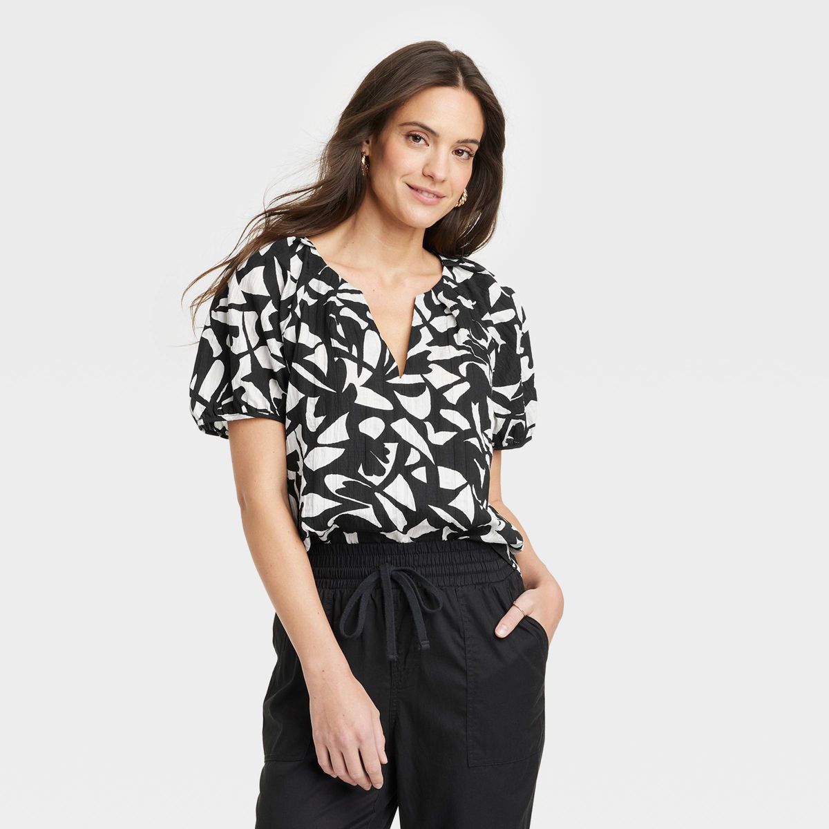 Women's Elbow Sleeve V-Neck Top - A New Day™ Black/White Abstract M | Target