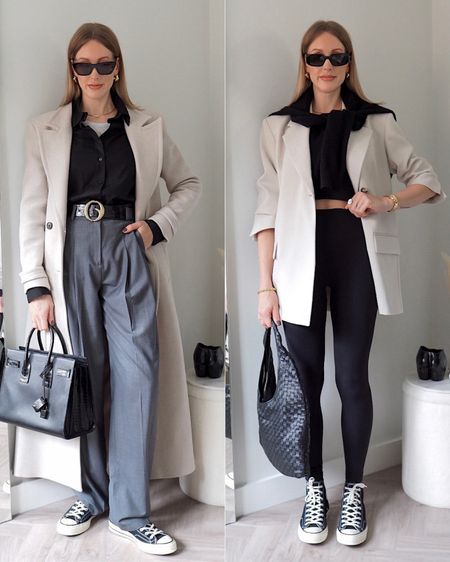 Black converse outfits - smart/casual styling wide leg trousers for a workwear outfit and gym leggings

 #converse #waystowear #neutralstyle

#LTKunder100 #LTKshoecrush #LTKworkwear