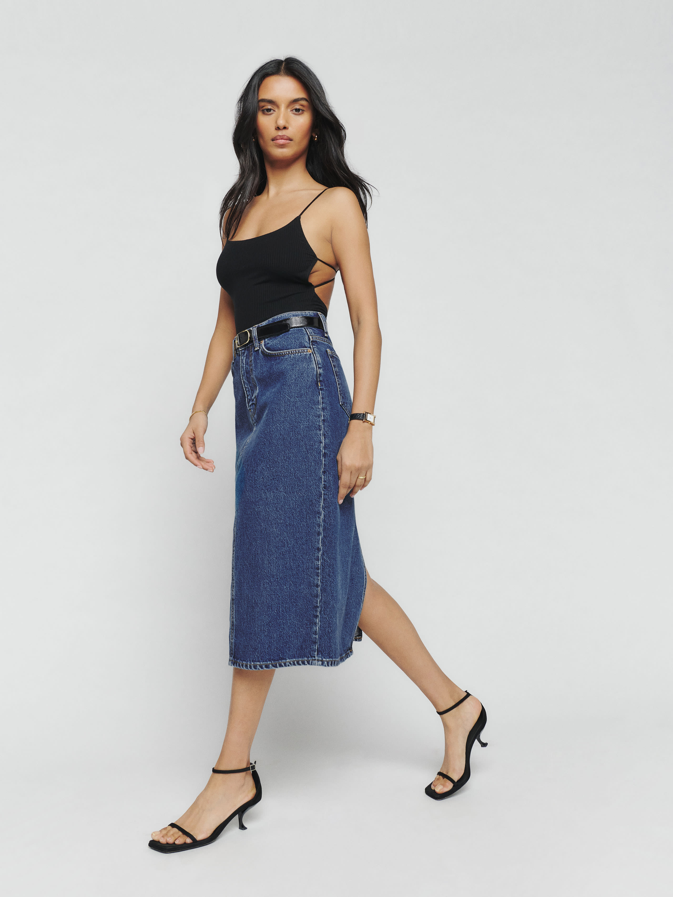 Jayde High Rise Denim Midi Skirt | Reformation (Global)