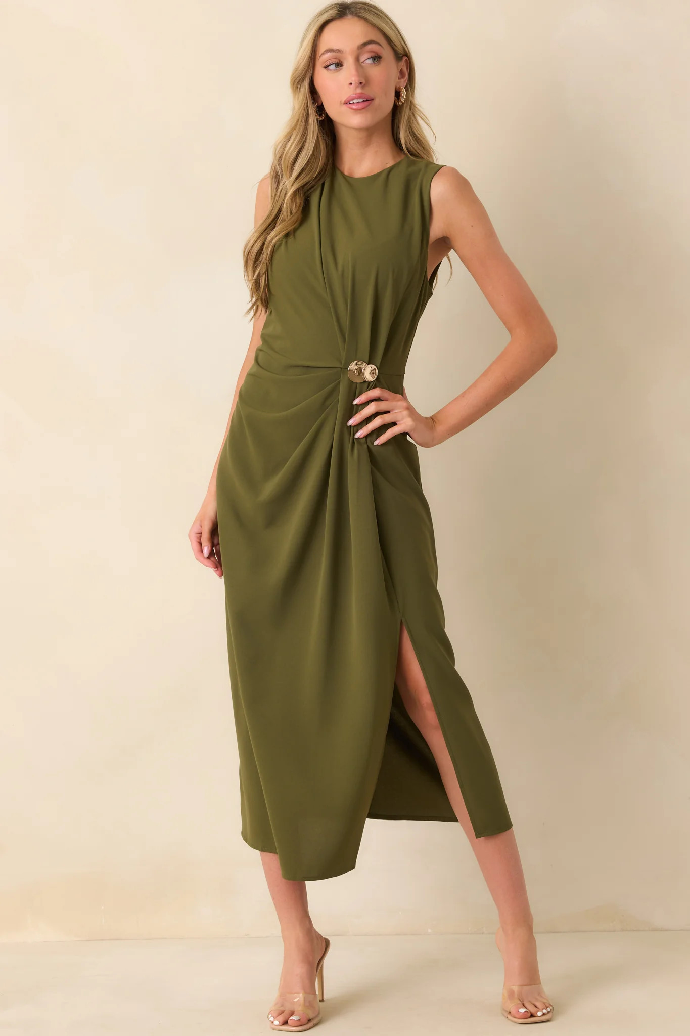 Move With Purpose Olive Green Ruched Maxi Dress | Red Dress