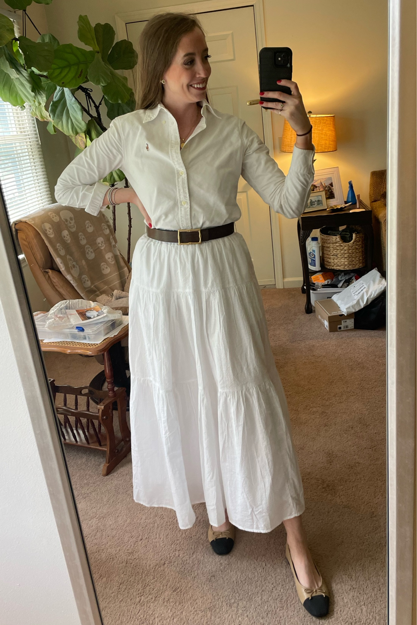 White midi skirt outfit! 
White button down shirt 
Preppy spring outfit 
Ballet flats 

#LTKSaleAlert #LTKSeasonal